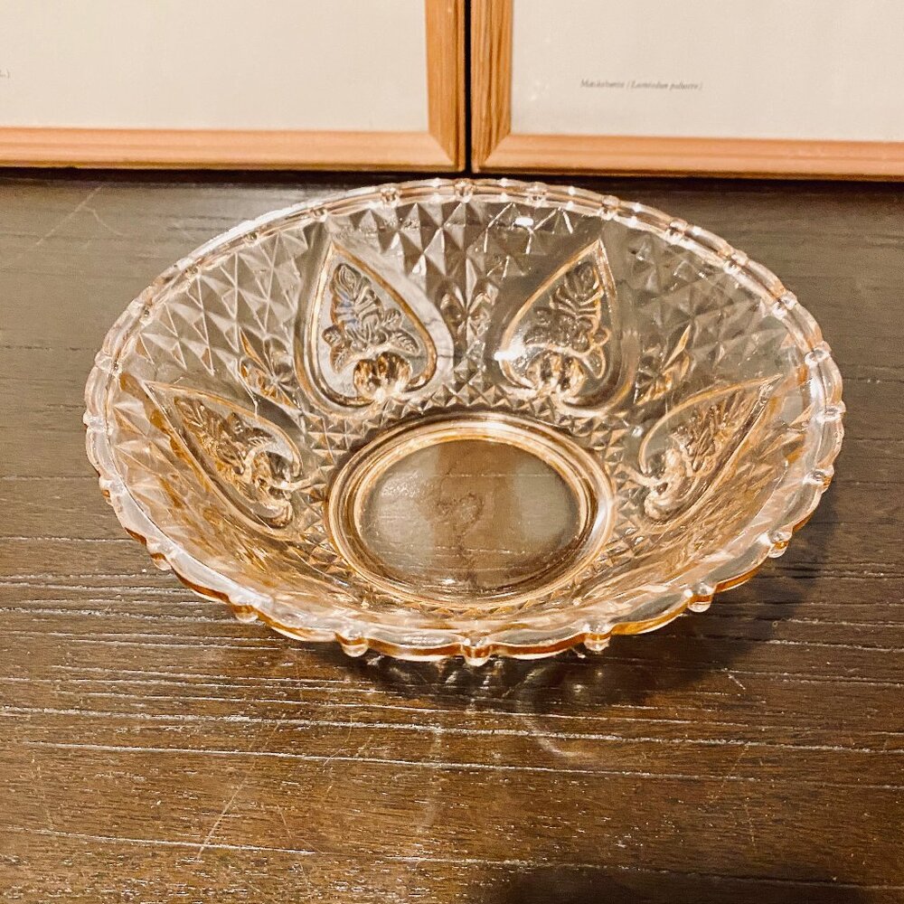 Vintage Pink Glass Candy Dish with Heart and Rose Pattern Victorian Style